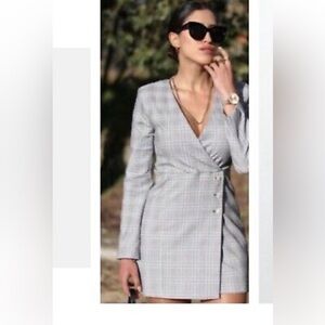 Zara black & white plaid Wrap Blazer Dress with rhinestone buttons